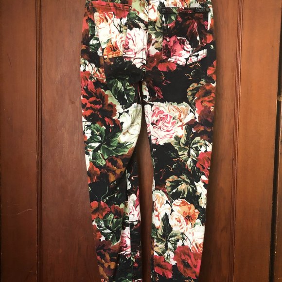 FLORAL PRINT BLACK WHITE RED PINK CREAM JEANS WITH POCKETS SIZE 6 7FORALLMANKIND - Picture 4 of 4